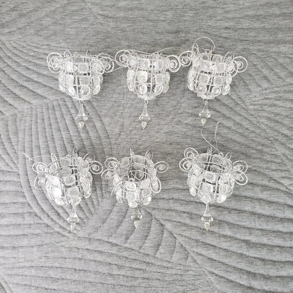 Vintage Katherine Style Jeweled Chandileir Ornaments X6 Silver Crystal Christmas